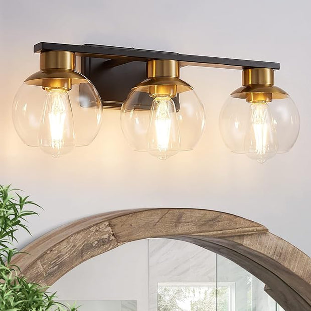 PAZALA 3-Light Bathroom Vanity Lights, Black and Gold Bathroom Light Fixtures Over Mirror with Globe Glass Shade, 22in Modern Wall Sconce for Bathr Mirror Bedroom Hallway, E26 Base(Bulbs Not Included)