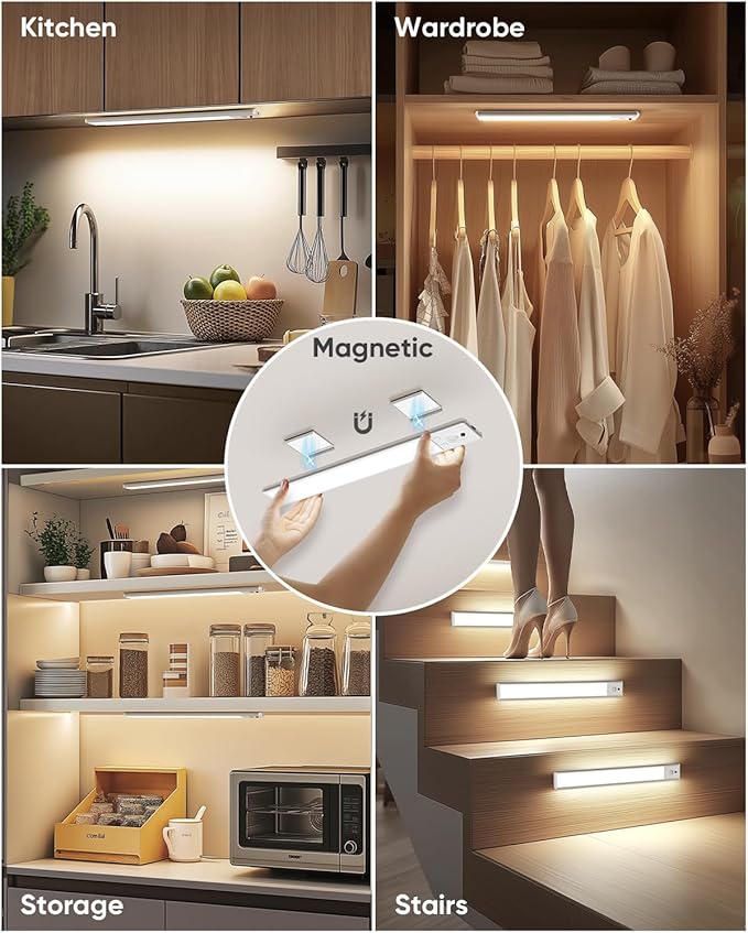 Under Cabinet Lighting Wireless, 2200mAh Rechargeable Motion Sensor Light Indoor, 3 Color Temps, Dimmable, Wireless LED Closet Lights Remote, Magnetic Under Counter Light for Kitchen, Pantry, 4 Pack
