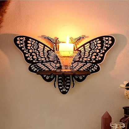 Corner Shelf Wall Corner Shelf Crystal Display with Butterfly Moth Shape, Wooden Wall Mounted Shelf Floating Shelves for Bathroom Kitchen Office Living Room, Women Aesthetic Witchy Gift (A)