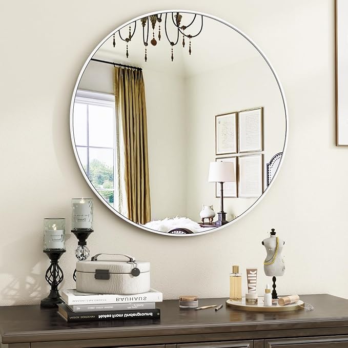 VooBang White Round Bathroom Mirror, 24 inch Circle Wall Mounted Hanging Mirror with Simple Modern Circular Metal Frame for Hallway, Entryway, Living Room, White Frame
