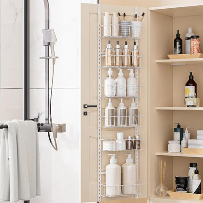 Delamu Pantry Door Organizer, Adjustable Metal Over the Door Pantry Organizer Rack, 6-Tier Over the Door Spice Rack, Kitchen Pantry Door Organizers and Storage, D5 W12 H52.1 inch, White, Small