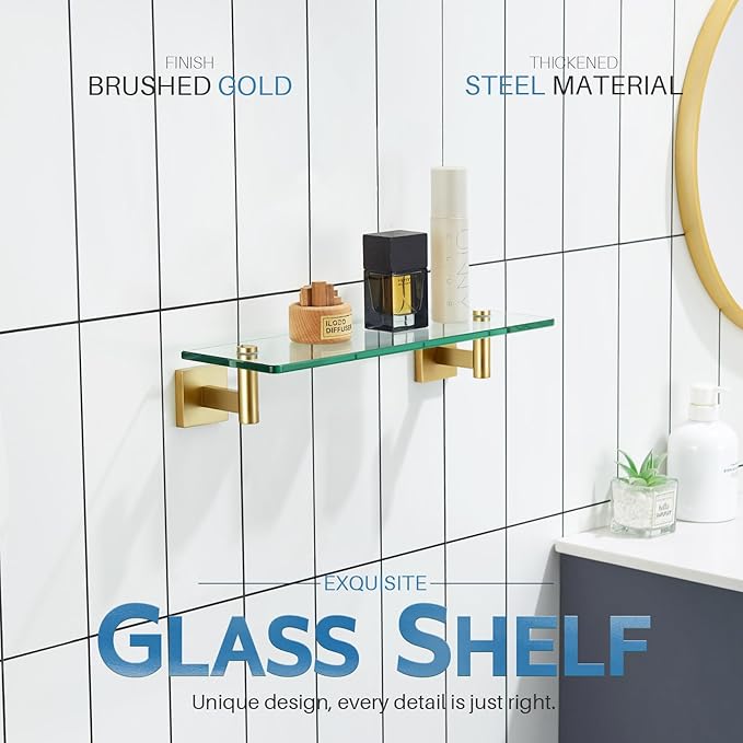 KOKOSIRI Wall Shelves Floating Shelf 16'' Gold Stainless Steel Bathroom Hardware Tempered Glass Hanging Rack Storage/Room Decor 2 Pack B1105BG-L16-P2