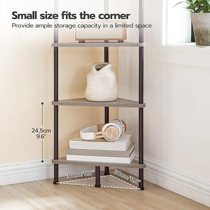 HOOBRO Corner Shelf Stand, Industrial 6-Tier Corner Bookshelf with Metal Frame, Plant Display Shelf, Bookcase for Small Spaces, Living Room, Greige and Black BG36CJ01