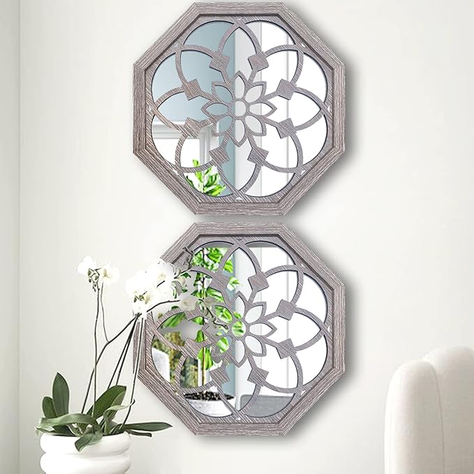 2 PCS 20 inch Octagon Wall-Mounted Mirrors,Vintage Farmhouse Mirror for Wall Decor,Barn Wood Color Decorative Accent Mirror for Foyer, Bathroom, Bedroom. (20”x20”)