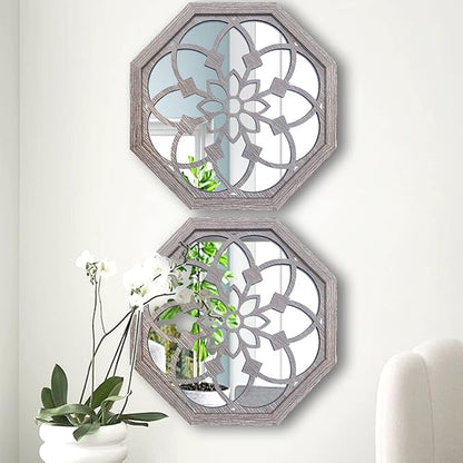 2 PCS 20 inch Octagon Wall-Mounted Mirrors,Vintage Farmhouse Mirror for Wall Decor,Barn Wood Color Decorative Accent Mirror for Foyer, Bathroom, Bedroom. (20”x20”)