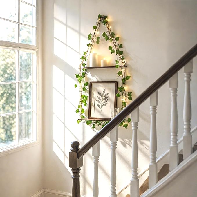 Artilady Artificial Ivy Macrame Hanging Shelves 3 Tier with Lights Boho Wall Decor, Rustic Wood Flaoting Shelf Plant Storage Rack for Bedroom Bathroom Living Room Nursery