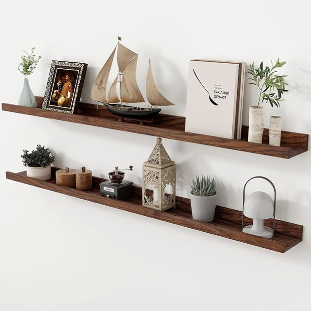 Axeman Oak Picture Ledge Shelf, 48 Inch Floating Shelves Set of 2, Solid Oak Wood Wall Shelves with Lip, Wall Decor Storage for Bedroom Living Room Bathroom Kitchen Nursery Photo Picture, Walnut