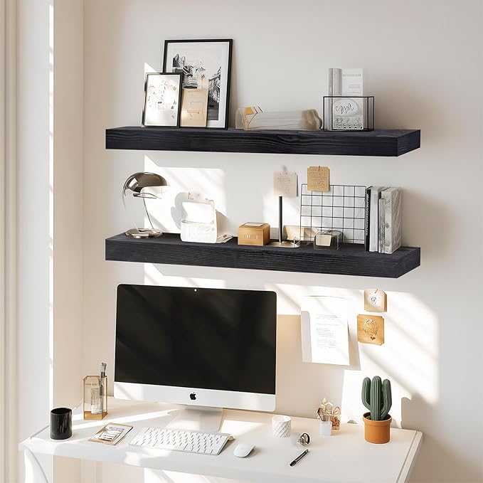 36x6.8x2 Inch Rustic Floating Shelves for Wall Set of 2 - Black Solid Wood Wall Mounted Shelves with Invisible Bracket, Extended Design for Farmhouse Living Room Bedroom Kitchen Decor