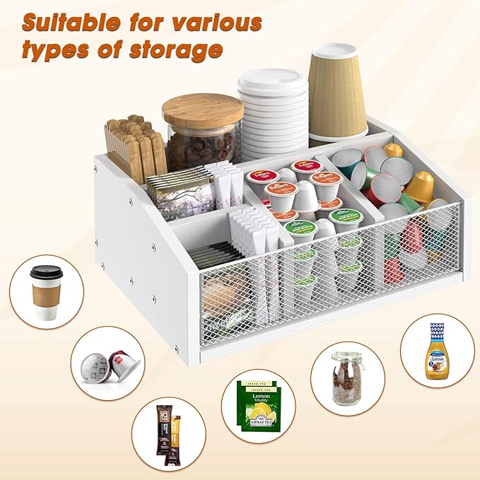 Coffee Station Organizer, Tea Condiment Organizer, Wood Pods Holder Storage Basket, White Coffee Bar Accessories