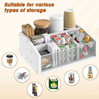 Coffee Station Organizer, Tea Condiment Organizer, Wood Pods Holder Storage Basket, White Coffee Bar Accessories