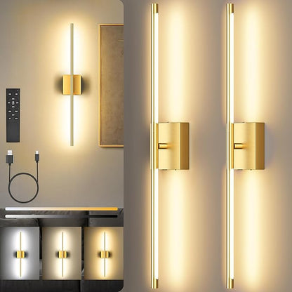 Battery Operated Wall Sconces Set of Two, 10000mAh Rechargeable Wall Lights with Remote Control, 360° Rotate Dimmable Gold LED Cordless Lamps for Bedroom, Living Room, Hallway, 29 Inch, 3CCT
