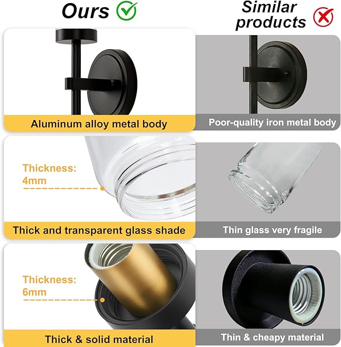 Black and Gold Hardwired Wall Sconces Set of 2, Modern Bathroom Vanity Sconces Wall Lighting with Clear Glass Shade, Farmhouse Wall Mount Lights for Mirror Bedroom Living Room Hallway Kitchen