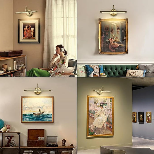 JOOSENLUX Battery Operated Picture Light Gold - Modern Wireless Picture Lights for Wall Dimmable 16.5inch Under Cabinet and Swing Arm for Canvas Sconce 3000K CRI95
