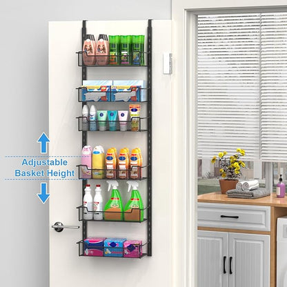 12.3" W Narrow Over the Door Pantry Organizer, 6-Tier Over the Door Organizer with Adjustable Basket, Pantry Door Organization for Pantry Kitchen Storage Room Spice Rack, Black