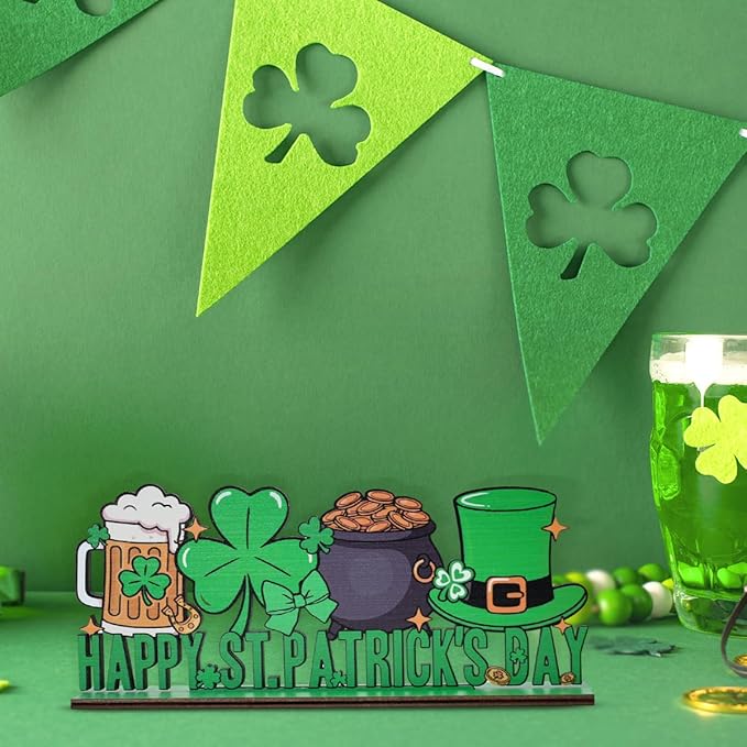 St Patricks Day Decor for Table Happy St Patrick's Day Coffees Bar Decoration Wooden Centerpieces Rustic Farmhouse Sign for Tabletop Home Shelf St Patricks Day Party Decoration Pink