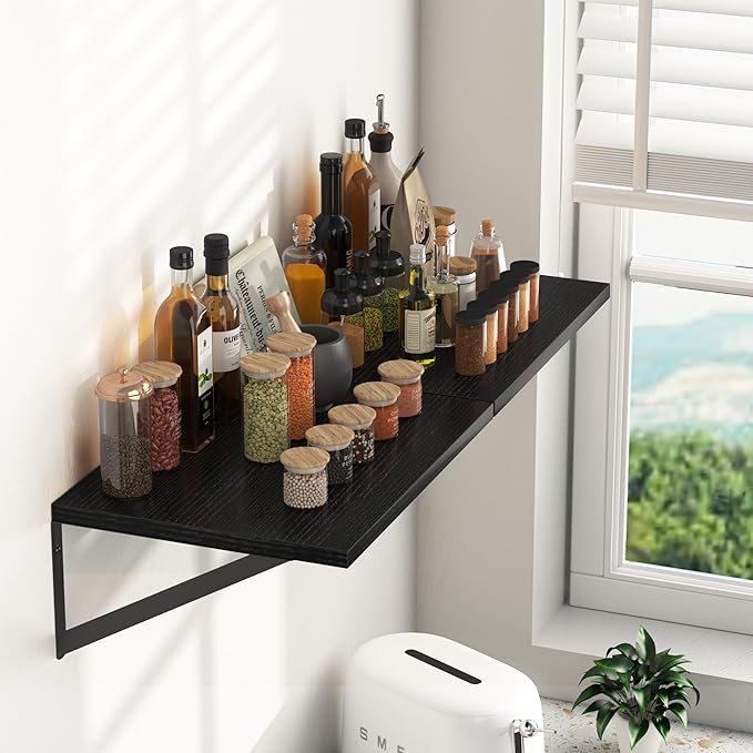 Heimlove Black Deep Floating Shelves for Wall, 16W x 12D Wood Wall Shelves Set of 2, Wide Floating Bookshelf for Living Room, Kitchen, Office, Bedroom and Decor Storage, with Metal Bracket - Black
