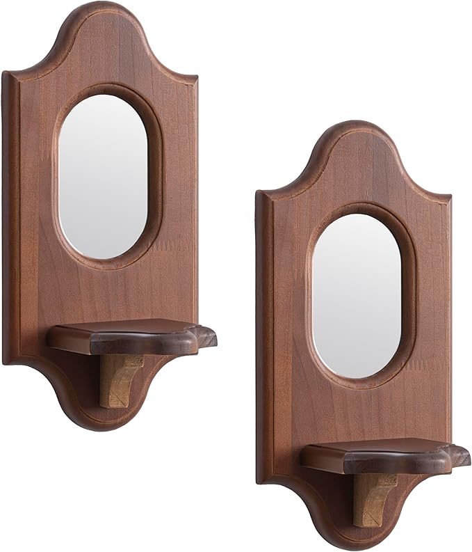 Wooden Arched Floating Shelf - Boho Decor Wall-Mouted Shelves with Mirror Book Display for Bedroom Living Room Bathroom Nursery Home Office 14.5" x 11.6"
