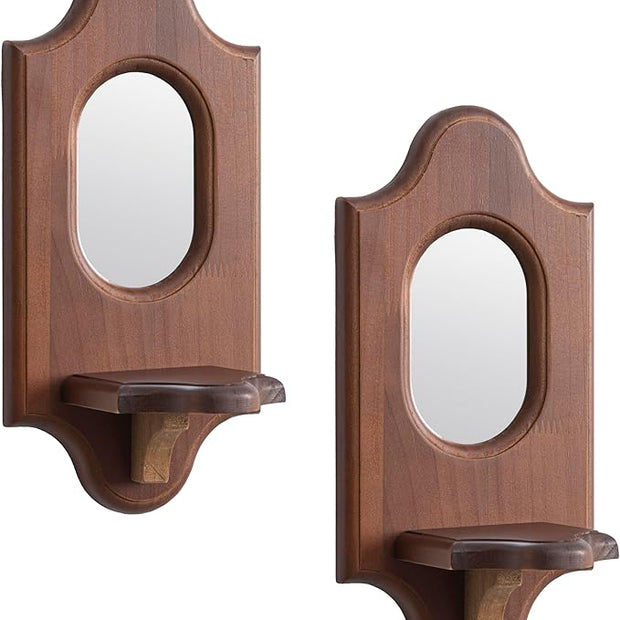 Wooden Arched Floating Shelf - Boho Decor Wall-Mouted Shelves with Mirror Book Display for Bedroom Living Room Bathroom Nursery Home Office 14.5" x 11.6"
