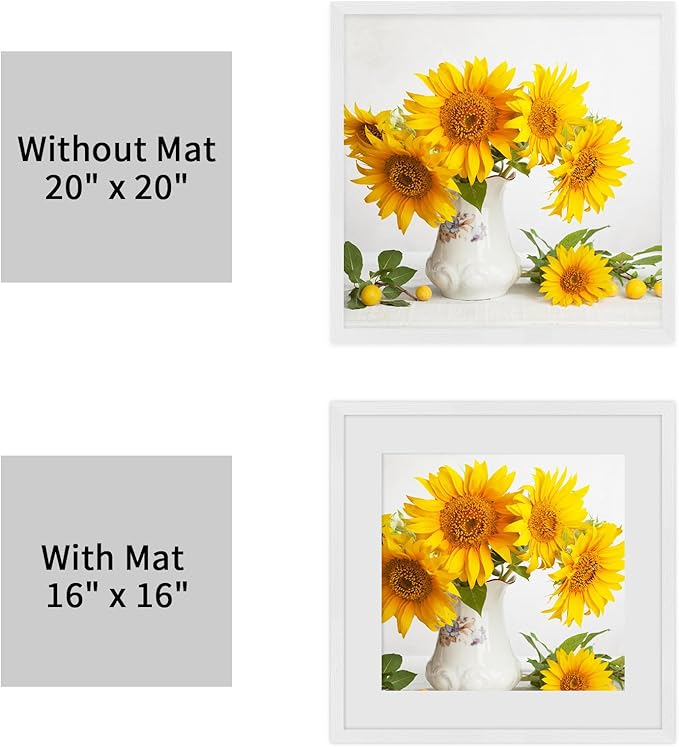 puthiac 20x20 Solid Oak Wood Picture Frame, Fits 16x16 with Mat or 20x20 Without Mat, Wall Display Only, Plexi Front, 3 Pack, White