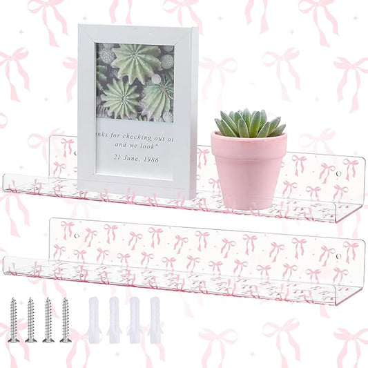Honeydak 2 Pcs Pink Bow Acrylic Floating Shelves 15 Inch Coquette Acrylic Wall Shelves Pink Bow Display Wall Mounted Bookshelf for Bathroom Bedroom Living Room Kitchen Room Decor