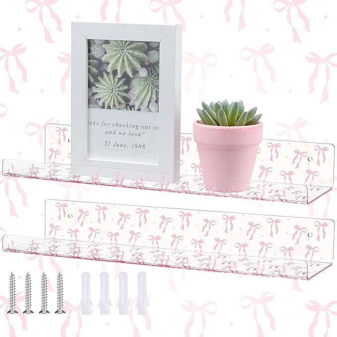 Honeydak 2 Pcs Pink Bow Acrylic Floating Shelves 15 Inch Coquette Acrylic Wall Shelves Pink Bow Display Wall Mounted Bookshelf for Bathroom Bedroom Living Room Kitchen Room Decor