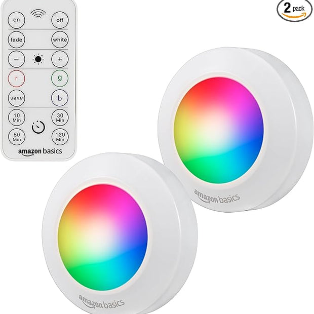 Amazon Basics LED Puck Lights, Color Changing, Battery Operated, IR Remote, 40 Lumens, Under Cabinet Lighting, Wireless Stick on Lights, Ideal for Closets, 2-Pack, White
