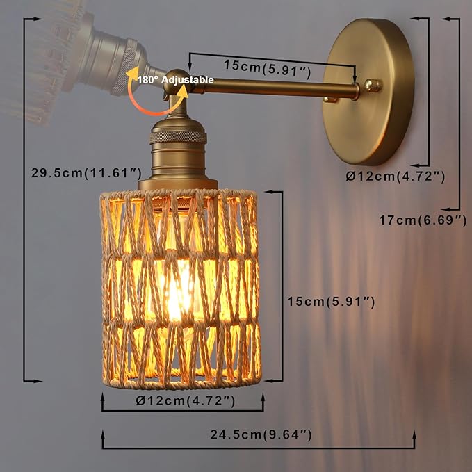 Yosoan Rattan Boho Wrapped Wall Sconce Light, Indoor Hardwired Hand-Woven Farmhouse Vintage Wall Lamps, Brass Handmade Braided Rope Small Straight Shade Wall Mount Fixture for Reading Hallway(Antique)