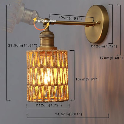 Yosoan Rattan Boho Wrapped Wall Sconce Light, Indoor Hardwired Hand-Woven Farmhouse Vintage Wall Lamps, Brass Handmade Braided Rope Small Straight Shade Wall Mount Fixture for Reading Hallway(Antique)