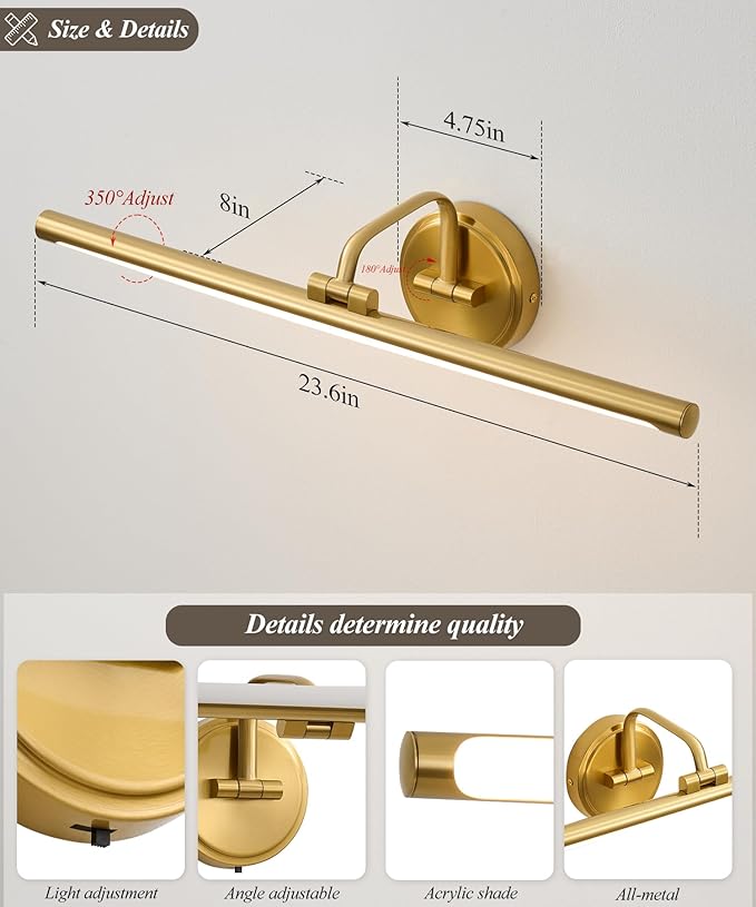 Hardwired Picture Light for Wall, 24 Inch Modern Brass Dimmable Frame Light with Adjustable Swing Arm, 3CCT LED Art Display Light for Paintings,120 Volts Gallery Wall Light, Hallway Vanity Light, 8W