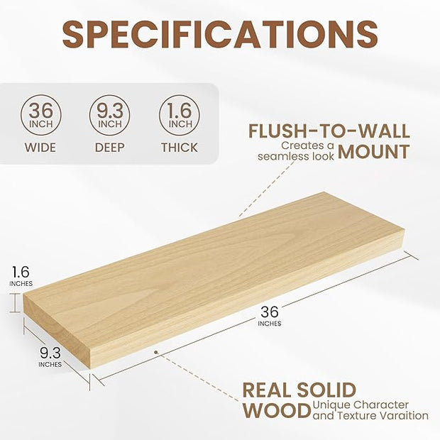 Fun Memories Deep Floating Shelves, Solid Wood Floating Shelves Wall Mounted, 9.3" Deep Wall Shelf for Living Room, Bedroom, 36 x 9 Large Floating Shelf for Books, Burlywood, Set of 2