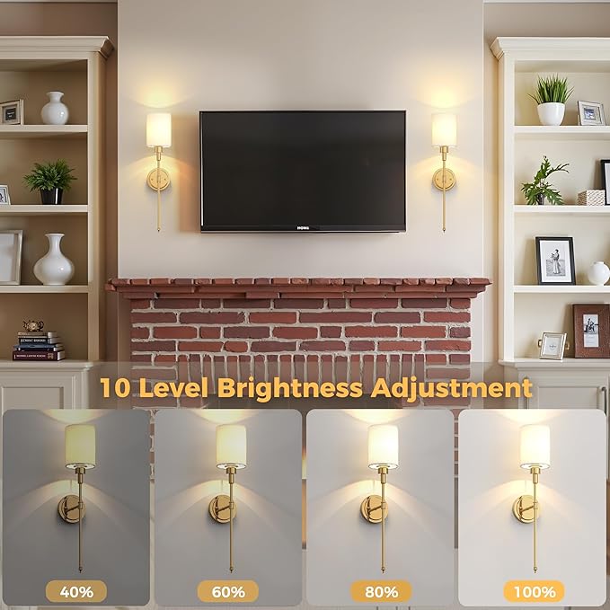 DORESshop Battery Operated Wall Sconce Set of 2, Wireless Wall Light Easy to Install, 7 Color Rechargeable Wall Sconces, Sconce Wall Decor Set of 2 for Bedroom, Living Room, Gold, 24.3in