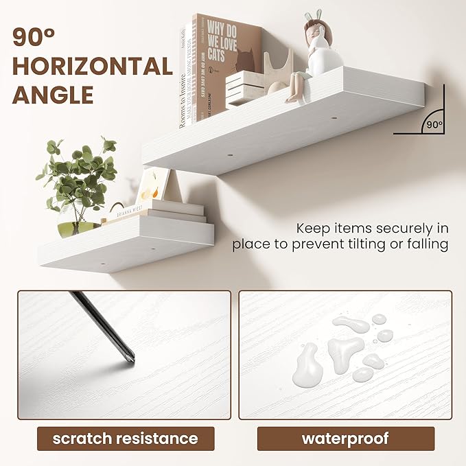 36 Inch Floating Shelves for Wall 2 Pack, 36" Wall Shelves for Books, Storage, Decor, Wall Mounted Floating Shelf with Invisible Brackets for Kitchen, Living Room, White