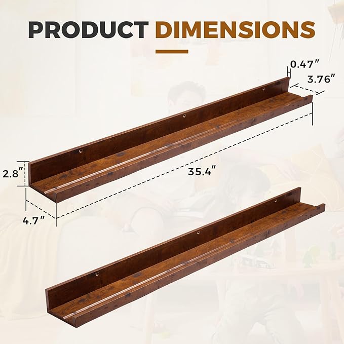 Muzilife 45.3" Large Floating Wall Ledge Shelves with Lip - Set of 2 Rustic Wood Floating Shelves - Honey Brown Wall Mounted Picture Ledge for Office, Bathroom, Bedroom, Living Room, Kitchen