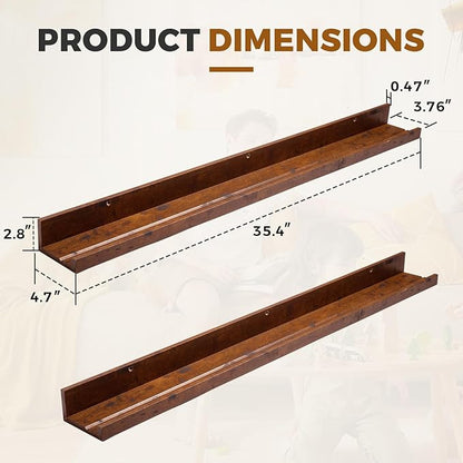Muzilife 45.3" Large Floating Wall Ledge Shelves with Lip - Set of 2 Rustic Wood Floating Shelves - Honey Brown Wall Mounted Picture Ledge for Office, Bathroom, Bedroom, Living Room, Kitchen