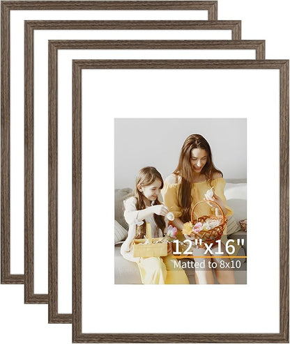 ATOBART 12x16 Picture Frame Set of 4, Displays 8x10 with Mat or 12x16 Without Mat, Photo Frames for Wall Hanging or Tabletop, Includes HD Plexiglass, Brown
