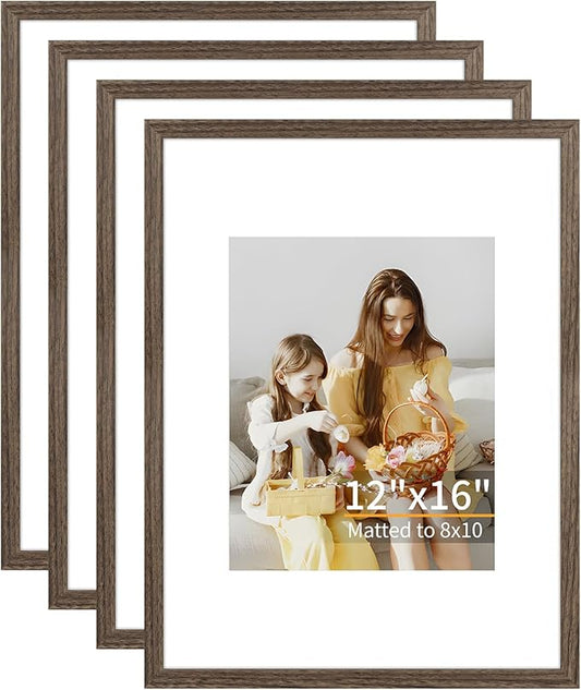 ATOBART 12x16 Picture Frame Set of 4, Displays 8x10 with Mat or 12x16 Without Mat, Photo Frames for Wall Hanging or Tabletop, Includes HD Plexiglass, Brown