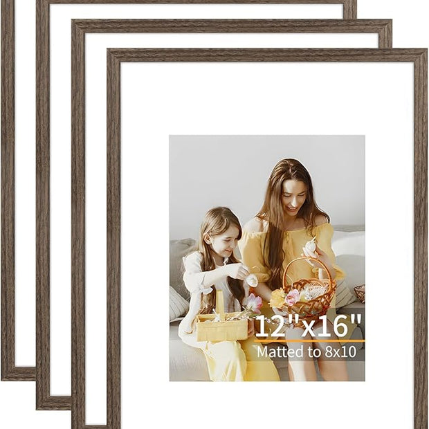ATOBART 12x16 Picture Frame Set of 4, Displays 8x10 with Mat or 12x16 Without Mat, Photo Frames for Wall Hanging or Tabletop, Includes HD Plexiglass, Brown