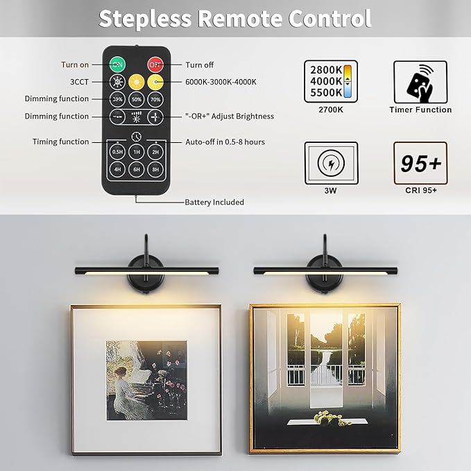 JOOSENLUX Modern Wall Lights Battery Operated Black Wireless Picture Lights for Wall 16.5