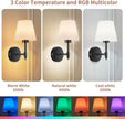 Battery Operated Wall Sconces Set of Two, Rechargeable Wireless Wall Lights with RGB Dimmable Magnetic Bulb and Remote,15 Colors Options Wireless Wall Lamps for Bedroom Living Room Hallway -black