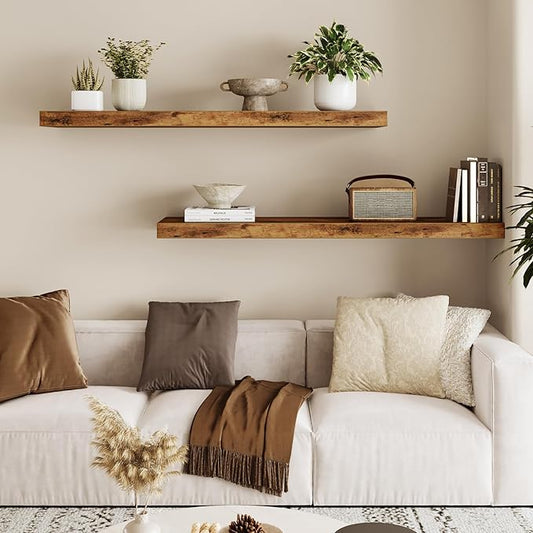 Fixwal Wall Shelves, 35" Long Heavy Duty Wall Mounted Rustic Wood Shelves for Living Room, Bedroom, Bathroom and Kitchen, Wall Shelves for Storage, Books, Room Decor (Rustic Brown, Set of 2)