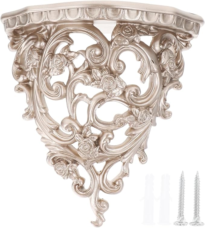 European-Style Resin Floating Wall Shelf, Vintage Hollow Carving Wall Decor, Gold Mounted Flower Shelf for Living Room, Kitchen, Bathroom, 8.07X7.48X4.05 Inch