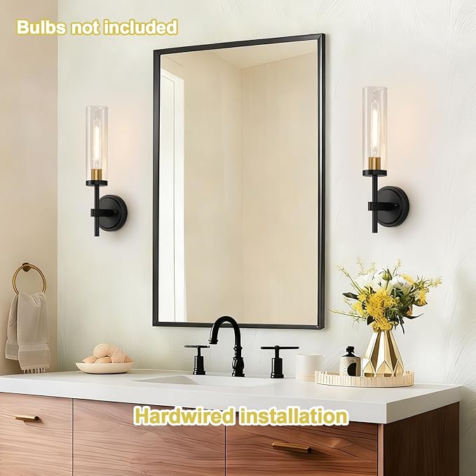 Wall Sconces Set of Two, Black and Gold Bathroom Sconces with Clear Glass, Hardwired Sconces Wall Decor Set of 2, Modern Wall Light Fixtures for Bathroom Mirror Living Room Bedroom Hallway