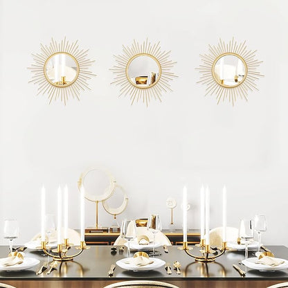 3 Pack Metal Mirrors for Wall Sunburst Wall Mirrors Home Décor Decorative Hanging Wall Art for Living Room Bedroom Entryway (Gold, Sunburst)