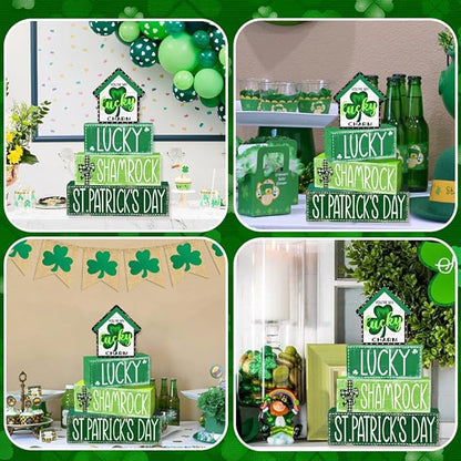 DIYDEC 4Pcs St.Patrick's Day Table Decoration Shamrocks House Wooden Block Signs Rustic St. Patrick Tiered Tray Decor Happy St.Patrick's Day Centerpiece Sign for Farmhouse Holiday Tabletop Party Decor