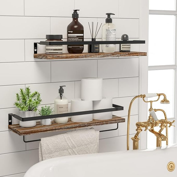 Floating Shelves for Wall, Bathroom Shelves with Towel Bar, Wall Mounted Storage Shelves for Kitchen, Bathroom, Set of 2 White Washed