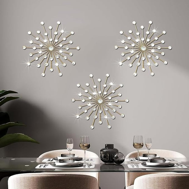 ZEXUIRU 3 Pack Gold Sunburst Wall Decor – Metal Crystal Wall Art with Sparkling Rhinestones, 14’’/18 Inch Starburst Wall Hanging Set for Living Room Bedroom Bathroom – Modern Bling Home Decorations