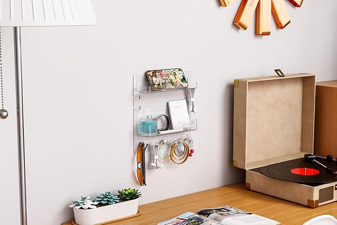 SuoXing Bedside Wall Organizer for Bedroom,Rv,Small Rooms,Nightstand and Bedside Wall Shelf for Earphone,Glasses,Remote Control,Phone Charging Shelf,Dorm Decor for College Girls and Teen Girl,Clear