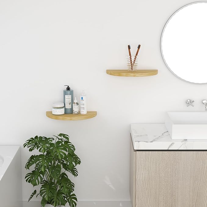 Small Floating Shelves for Wall Set of 2, Rustic Solid Pine Half Round Wood Walll Mounted Shelves for Bedroom Living Room Bathroom Kitchen Office and Plants Wall Decor (2, Primary Color)