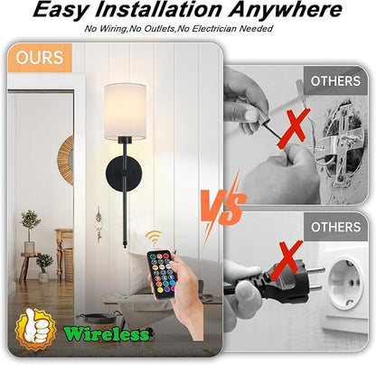 Battery Operated Wall Sconce Set of 2, Black Rechargeable Wall Lights with Remote Control and Dimmable LED Bulbs, 13 Light Colors Wireless Wall Lamps for Bedroom Living Room Hallway (Black)