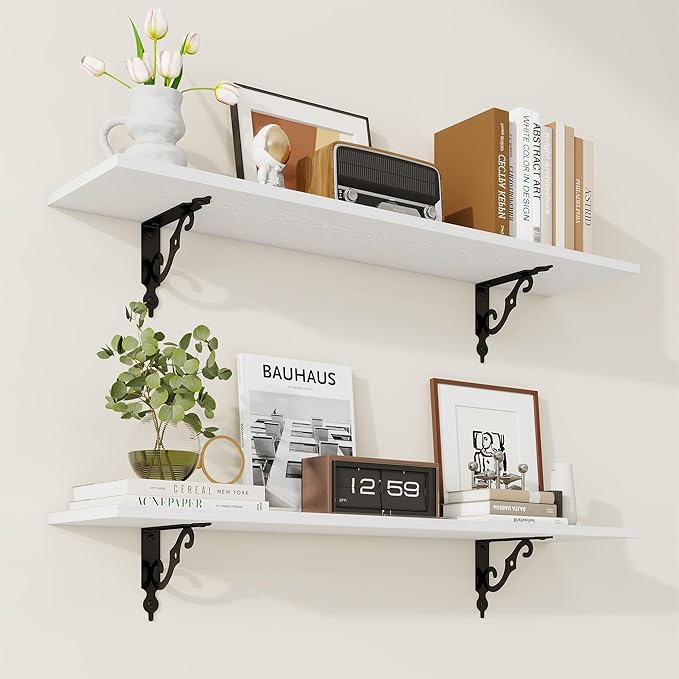 RICHFOCUS Floating Shelves for Wall Decor, 35.4W x 8D Shelves Set of 2, 8 Inch Deep Rustic Wood Shelves Wall Mounted with Brackets, Long Floating Shelves for Living Room Bedroom Kitchen, White